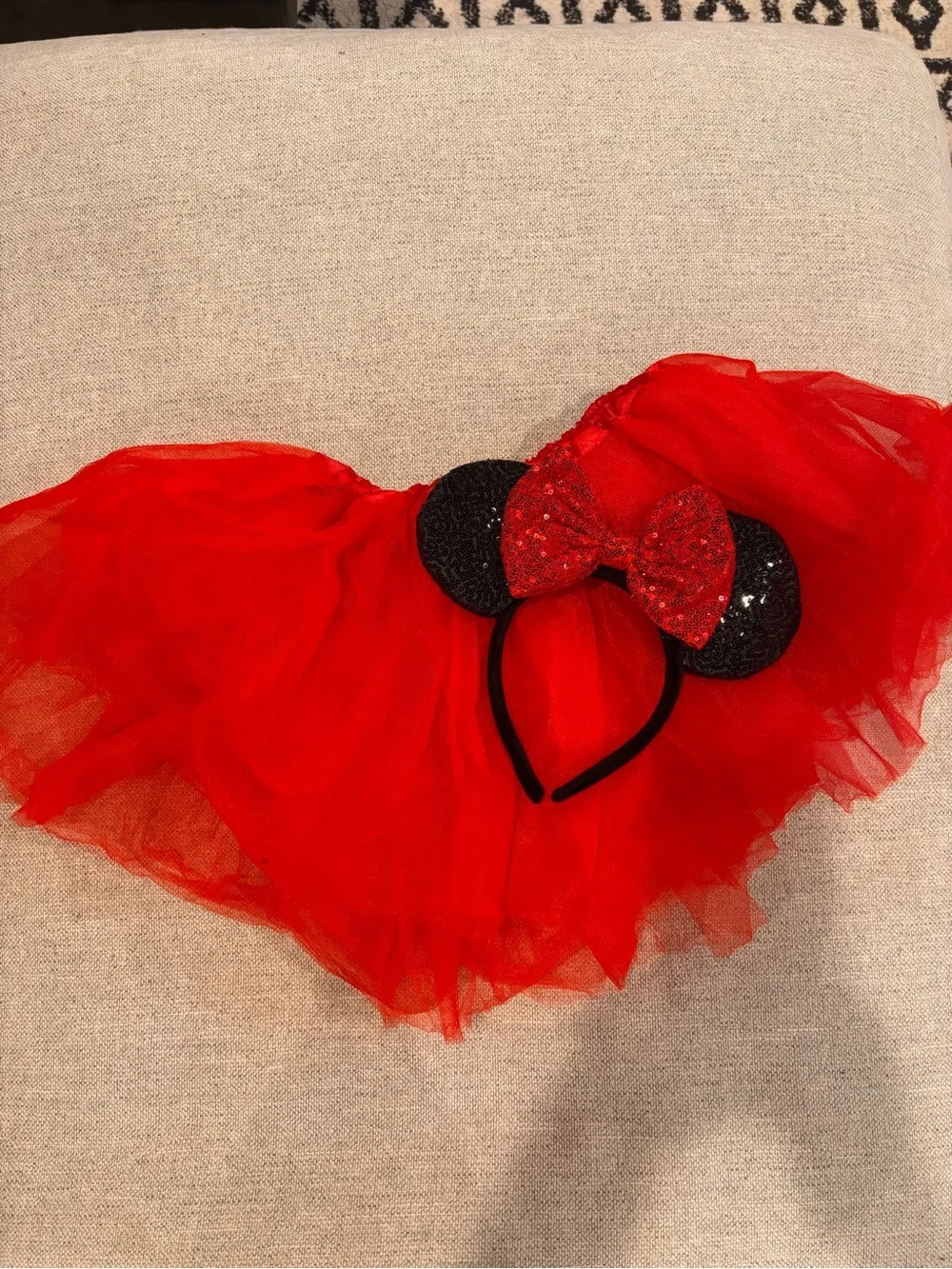 Red Minnie-Style Tutu Skirt with Black Sequin Ear Headband - Kids Costume